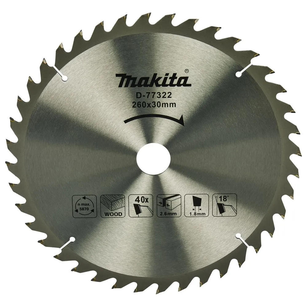 Пильный диск для дерева, 260х30х2.6/1.8x40T Makita D-77322