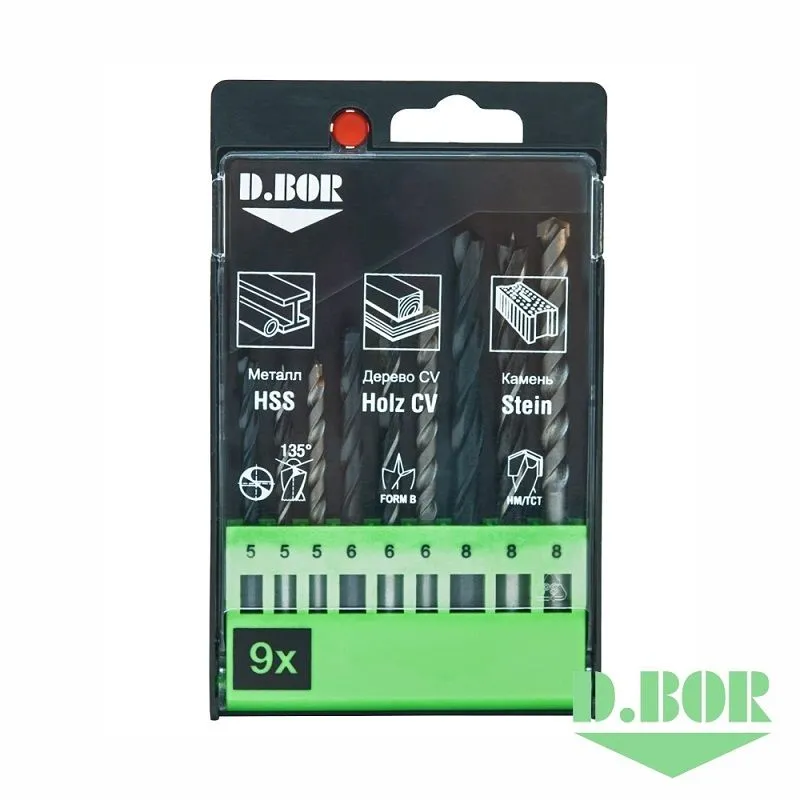 Набор сверл Хобби, металл, камень, дерево, 9 шт. (5-6-8 мм.)  D.BOR W-011-175709304D