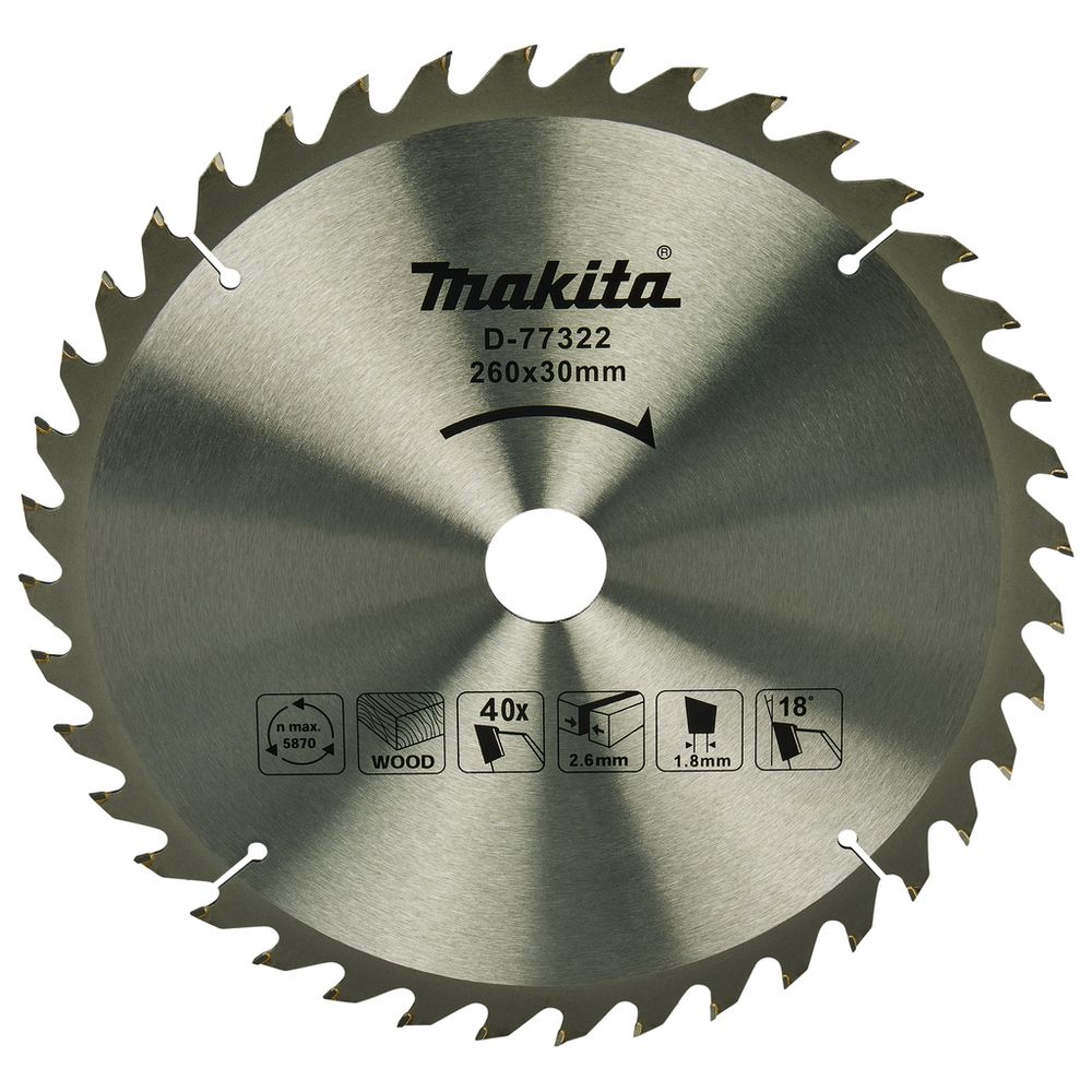 Пильный диск для дерева, 260х30х2.6/1.8x40T Makita D-77322