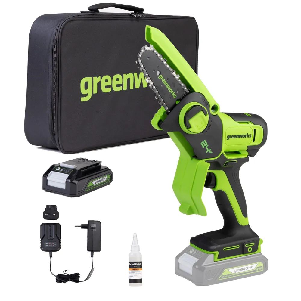 Аккумуляторная цепная мини пила Greenworks G24MCS10K2 (2008207UA)